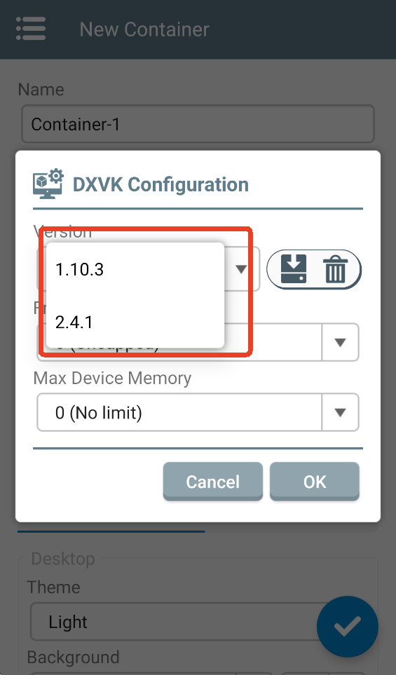 Winlator模拟器DXVK版本选择界面